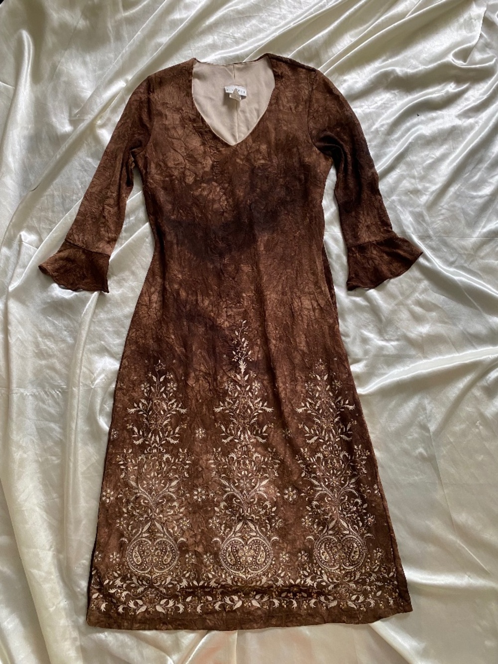 VTG y2k Brown Tie Dye Paisley Boho Bell Sleeve Midi Dress Fairycore Fall Small